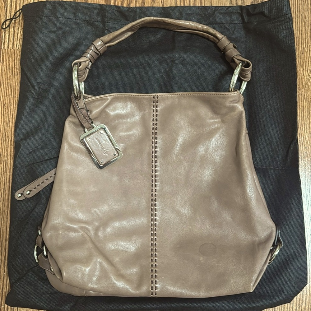 B Makowsky Taupe Leather Hobo Style Bag with dust bag